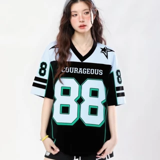 เสื้อทรงสเก็ตผู้หญิง oversize เสื้อผ้าสาวอวบคนอ้วนไซส์ใหญ่ เสื้อโอเวอร์ไซส์บาสเท่ๆ วินเทจ กีฬาลําลองทรงหลวมสไตล์เกาหลี