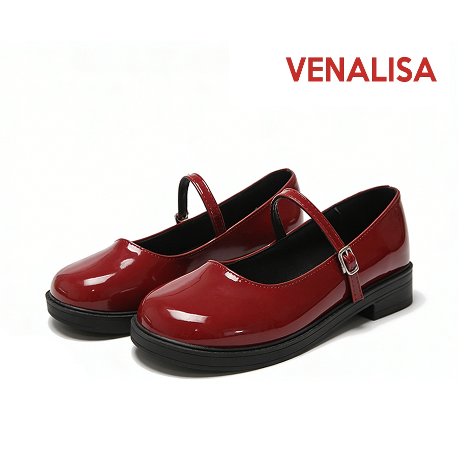 Venalisa แฟชั่น หนังแท้ แมรี่เจน Mary Jane รองเท้าส้นสูงผู้หญิง หัวกลม พื้นหนา ส้นหนา