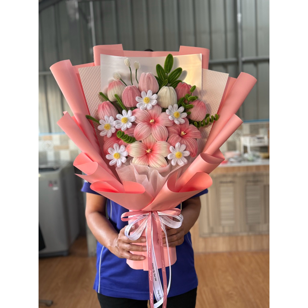 ช่อดอกไม้ลวดกำมะหยี่ ทิวลอป+ลิลลี่ สูง 60 cm (จัดทำ1-3วัน)