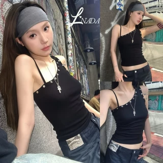 L'NADA【พร้อมส่ง】เสื้อครอปสายเดี่ยวตกแต่งห่วงรอบคอเสื้อ Stud glam(A141)