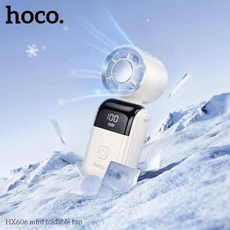 HOCO HX606 พัดลมมือถือ ขนาดมินิ พับได้ 90° ปรับแรงลม 100 ระดับ แบต 3000mAh พร้อมสายคล้องคอ พัดลมพกพา
