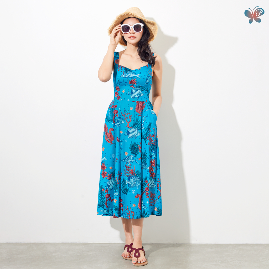 เดรสผู้หญิง [Papillon] Women Midsummer Dress มียางยืดสม็อกด้านหลังและกระเป๋า 2 ข้าง ฝ้ายผสมเรยอนใส่ส