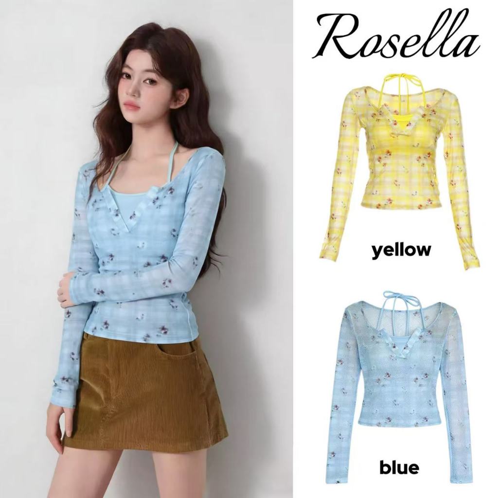 Rosella【สินค้าใหม่👗】เสื้อยืดแขนยาวผ้าตาข่ายลายตารางโดพามีนลายดอกไม้ พร้อมเสื้อกล้ามคอฮอลเตอร์สองชิ้น
