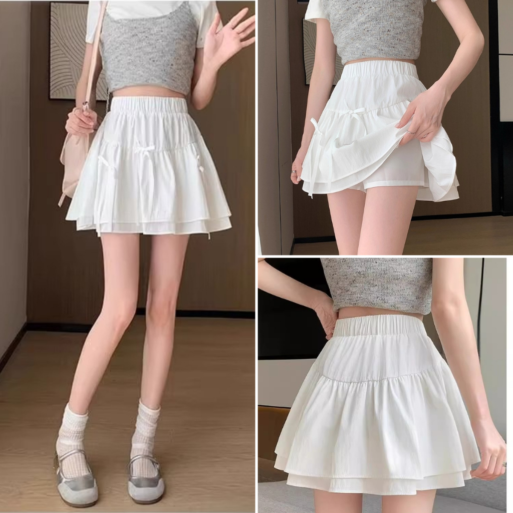 S~5XL White ruched midi skirt Bow Design กระโปรงทรงเอเอวสูงยางยืดสุดอินเทรนด์ กระโปรงเค้กทรงฟู ดีไซน์ย้อนยุคแบบฝรั่งเศส