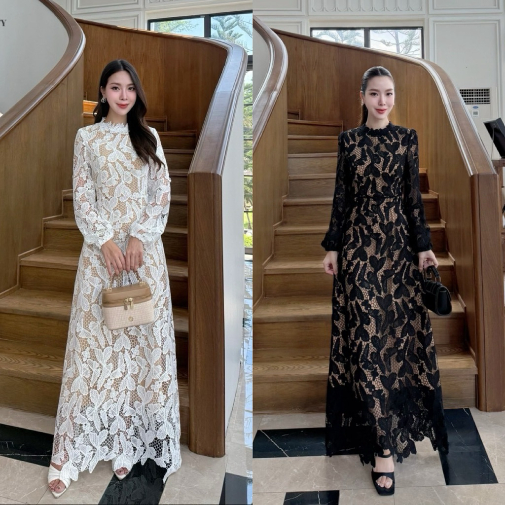 เดรสลูกไม้ ตัวเดรสลูกไม้ลายผีเสื้อ ซิปหลัง แขนยาวปลายจั๊มเบาๆ คอเป็นคอตั้ง พร้อมซับในทั้งตัว #abi