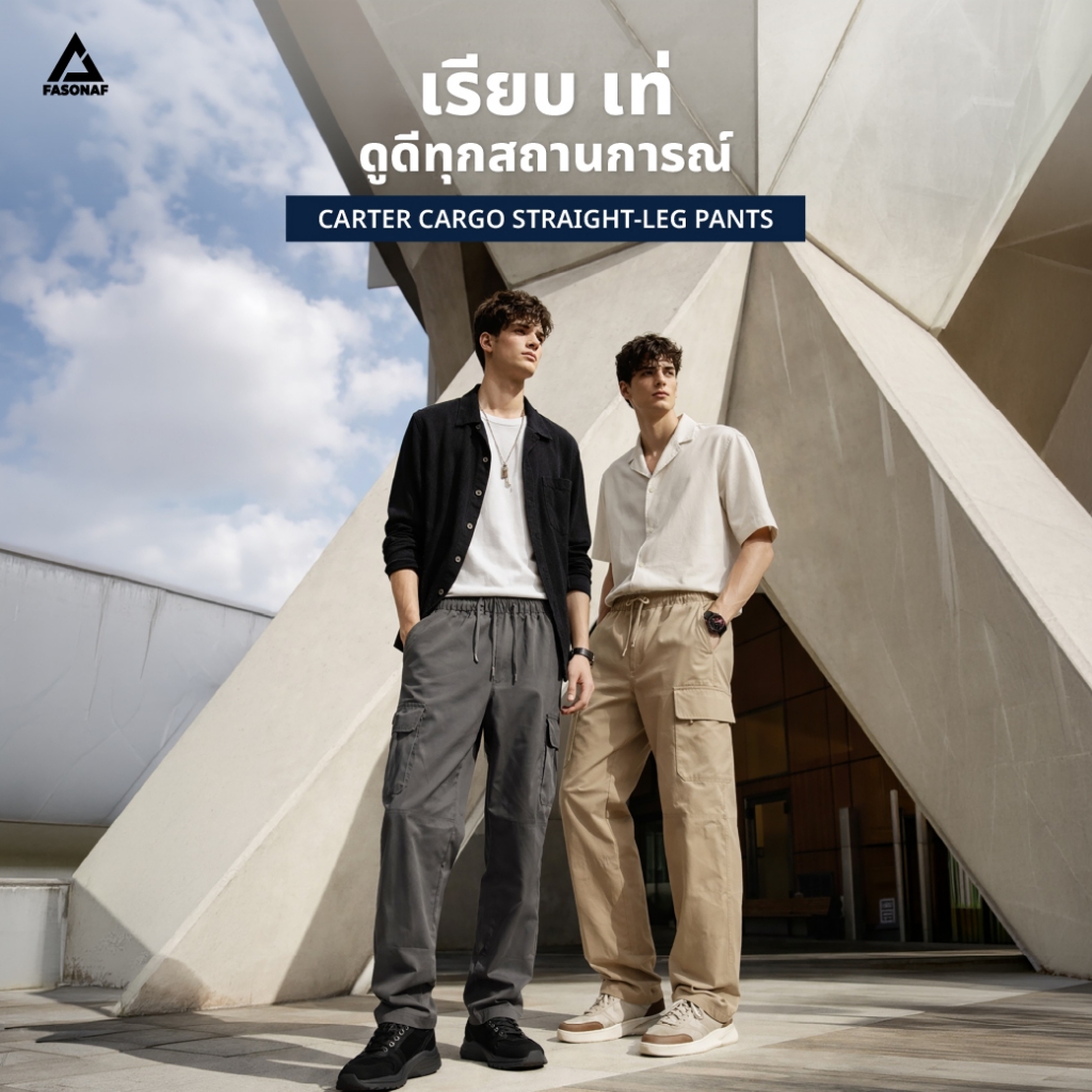 กางเกงคาร์โก้ Carter Cargo ทรงกระบอกกลาง เนื้อผ้า Cotton Twill ดีไซน์เรียบ เท่ ใส่ได้หลายโอกาส
