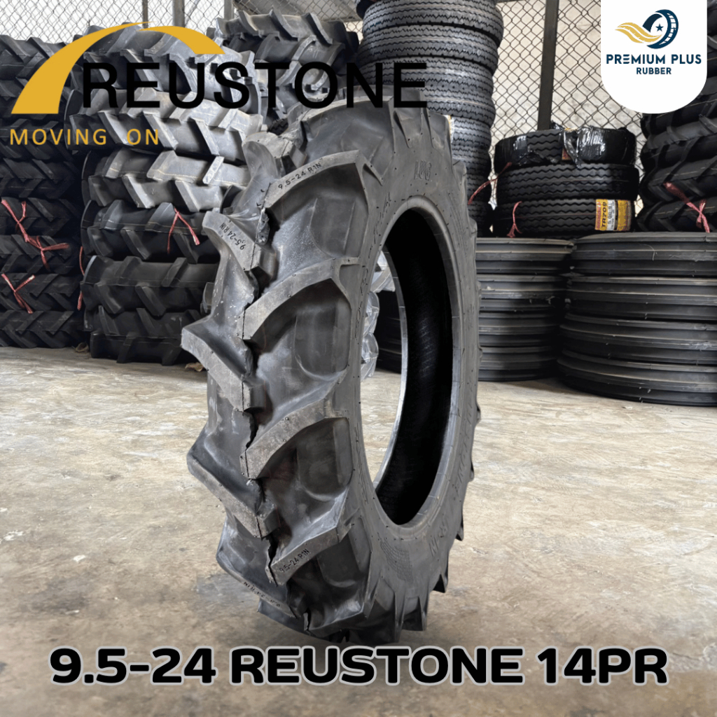 ยางรถไถ 9.5-24 REUSTONE รุ่น R-1N ผ้าใบ 14 ชั้น ยางใหม่ล้อหลังรถแทรกเตอร์ ยางรถคูโบต้า ลายบั้งก้างปลา[ออกใบกำกับภาษีได้]