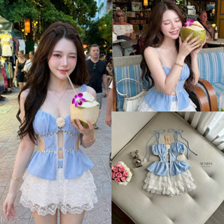 Set 2 ชิ้น เสื้อสายเดี่ยวสีฟ้า+กระโปรงกางเกงลูกไม้ชั้นๆ น่าร…