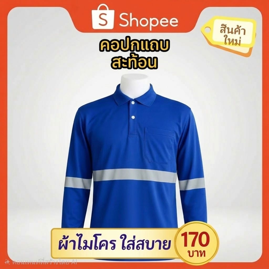 เสื้อแขนยาวชาย คอปกแขนยาวคนงาน  ผ้าไมโคร ติดแถบสะท้อนแสง ขนาดฟรีไซส์