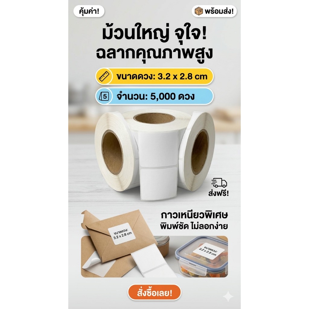 กระดาษสติกเกอร์ความร้อน PP ขนาด 3.2*2 cmจำนวน 5000 ดวง