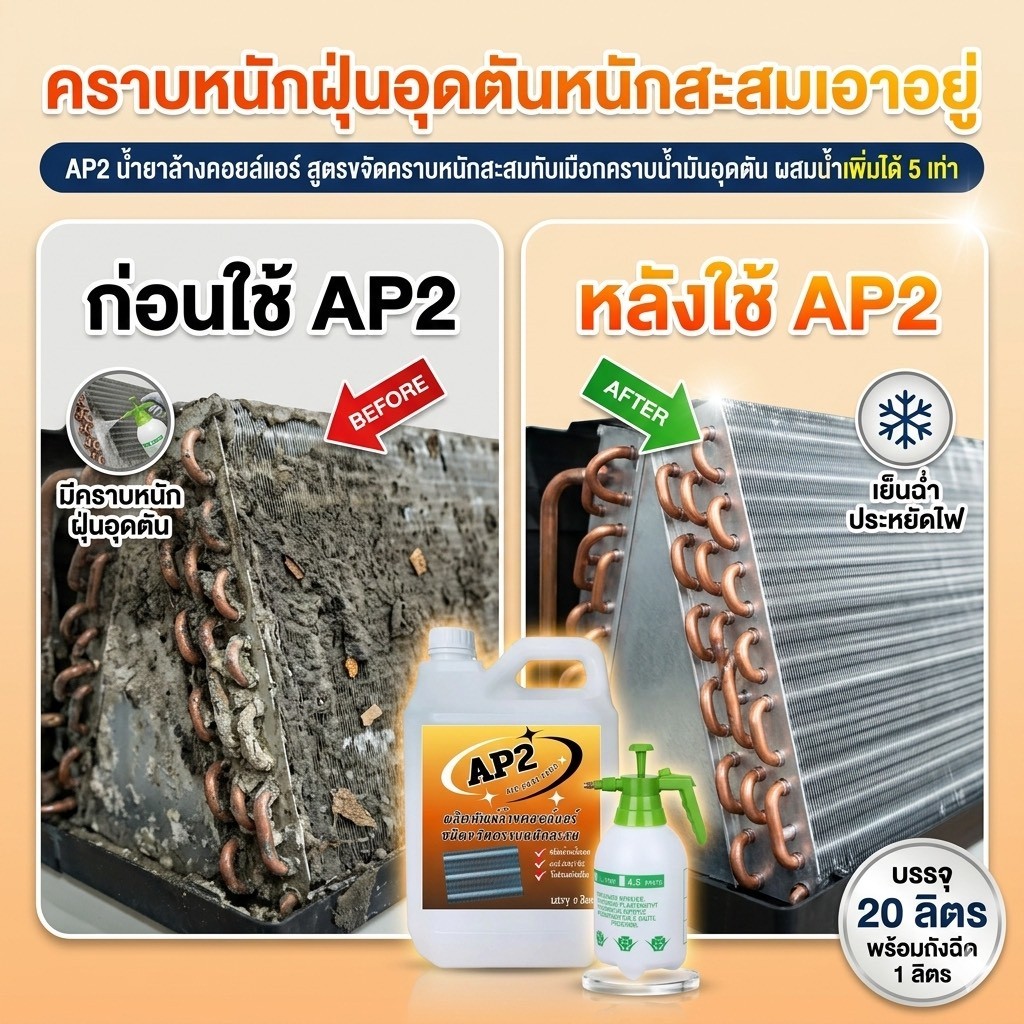 AP2 น้ำยาล้างแอร์ ล้างคอยล์แอร์ ชนิดขจัดคราบหนักสะสม คราบฝังแน่น คราบเมือก ชนิดล้างน้ำออก ราคา ถูกที่สุด ดีลบีเคเค แกลเลอรีภาพที่ 7