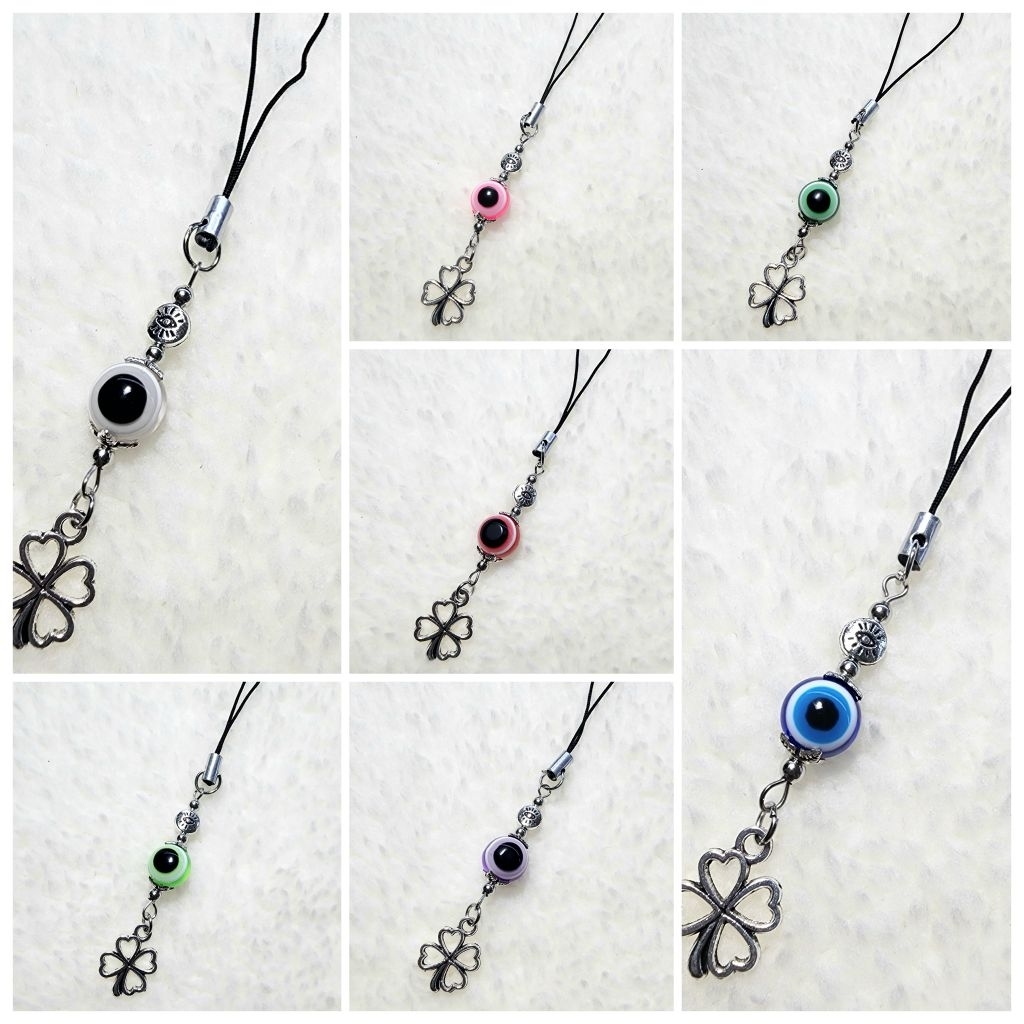 Phone charm >> EVIL EYE 🧿 CLOVER ☘️ ที่ห้อยมือถือ ที่ห้อยโทรศัพท์ พวงกุญแจ | เครื่องราง ปกป้อง | ของ