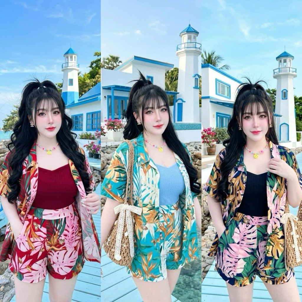 เซ็ทขาสั้นฮาวาย 3 ชิ้น ไซส์ใหญ่ สำหรับสงกรานต์ ทะเล สาวอวบอ้วนใส่สวยมาก