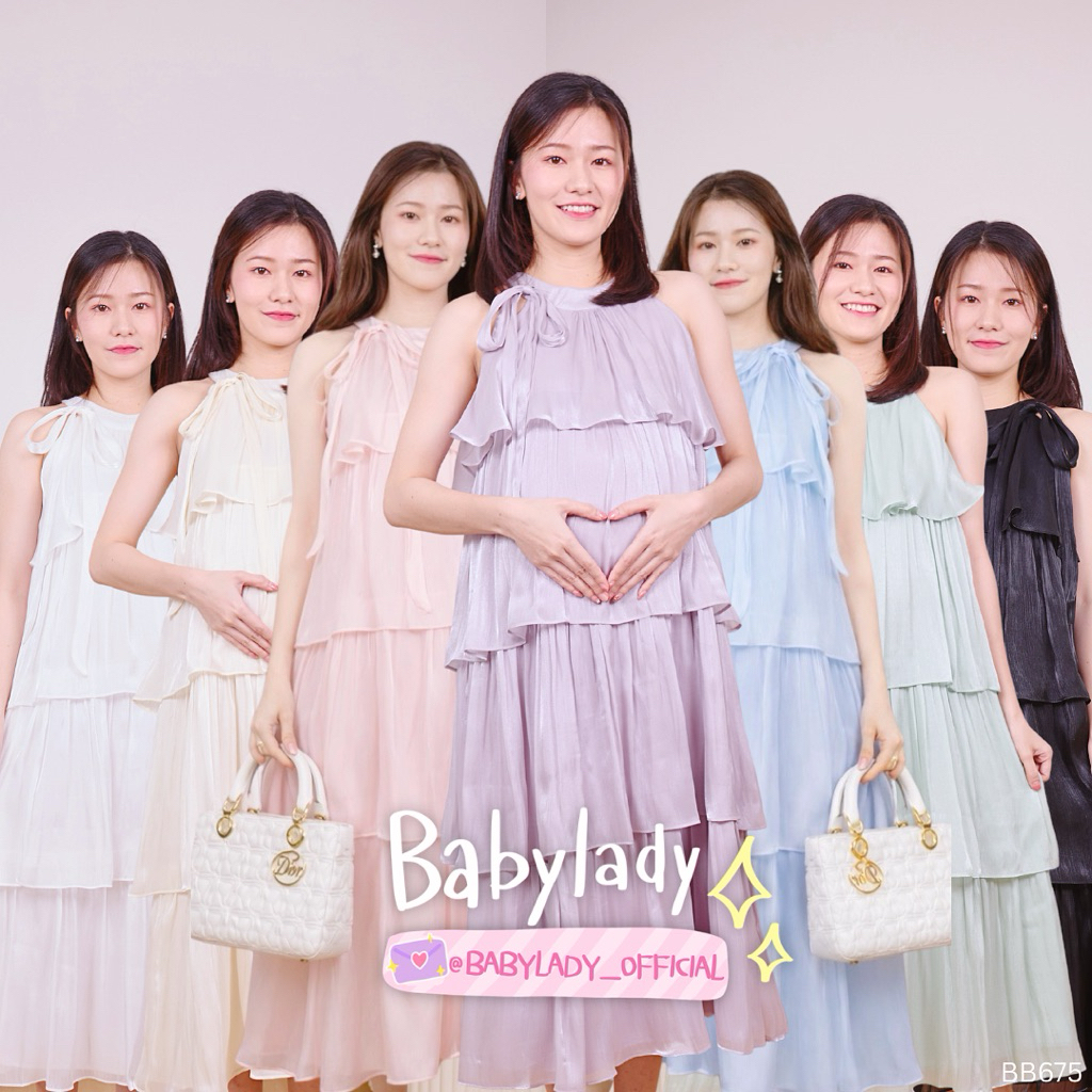 [BB 675] ชุดคลุมท้อง | BABYLADY ♡ - เดรสชีฟองซาตินผสมดิ้น ผูกโบว์คอ ระบายชั้น