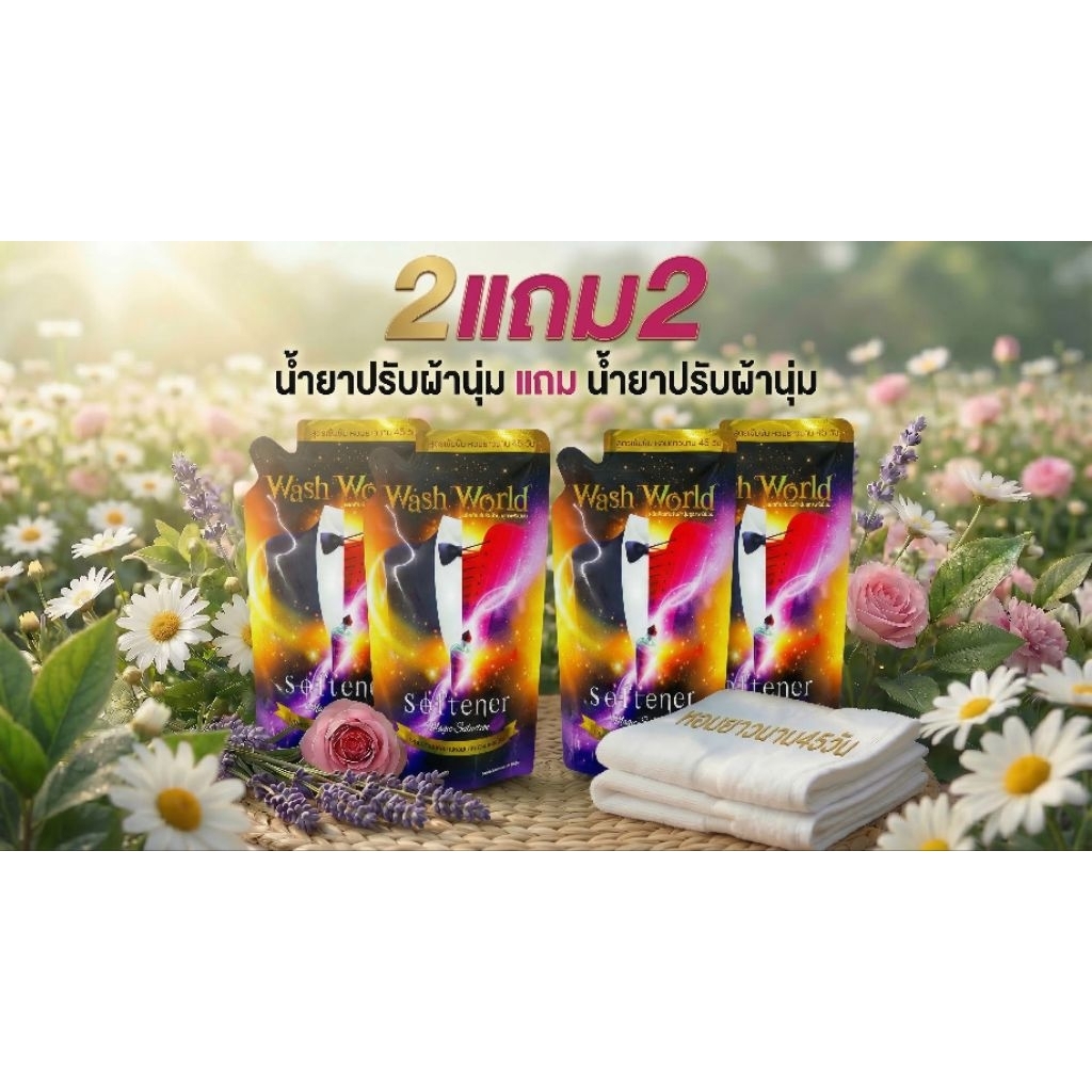 Wash World วอชเวิลด์ น้ำยาปรับผ้านุ่มสูตรเข้มข้น 540 ml.(น้ำยาปรับผ้านุ่ม2+น้ำยาปรับผ้านุ่ม2) หอม45วัน อบผ้ากลิ่นไม่หาย