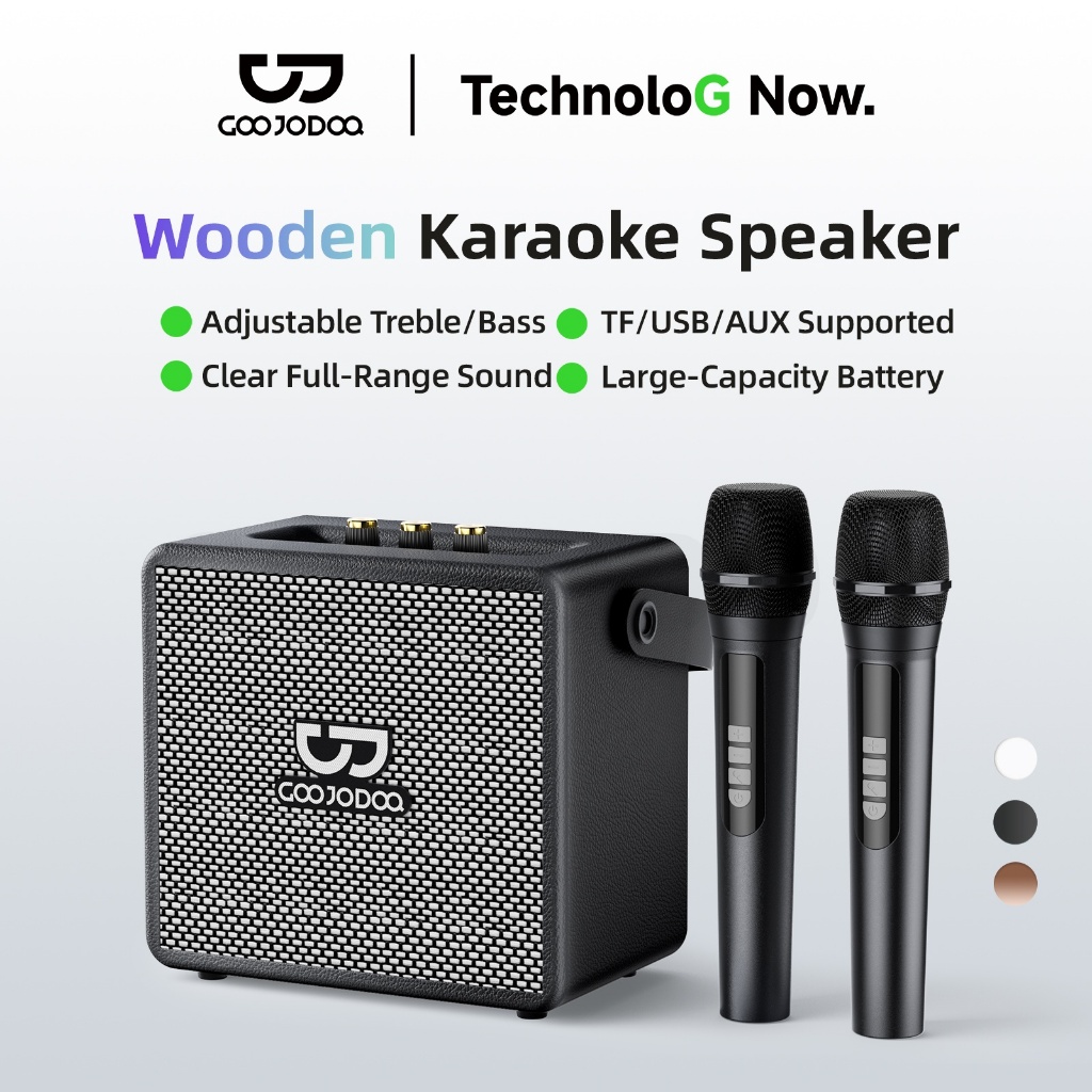 GOOJODOQ Wooden Karaoke Speaker TF/USB/AUX Supported Clear Full-range Sound Comes with Two Microphones