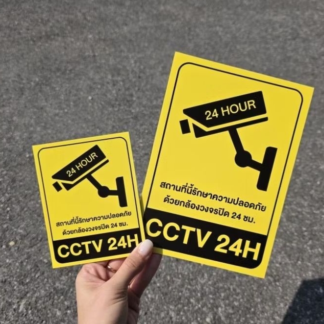 (สีเหลืองดำ) ป้าย CCTV 24H ป้ายกล้องวงจรปิด ป้ายพลาสวูดติดผนัง ทนแดด ทนฝน