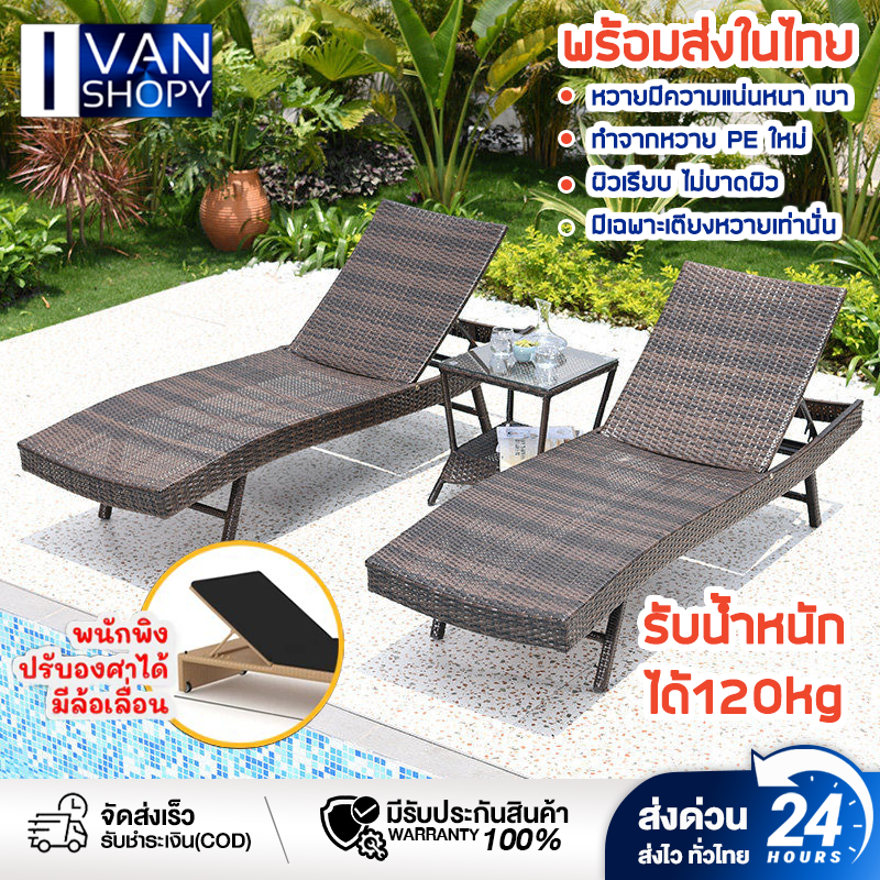 เตียงหวาย เตียงอาบแดด วางกลางแจ้ง ริมสระว่ายน้ำ ปรับเอนนอนได้ 5 ระดับ หวายเทียม