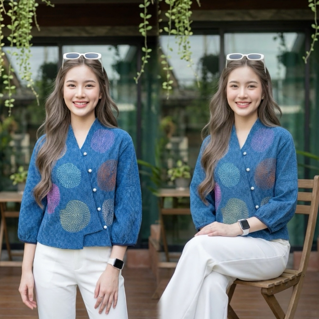 เสื้อพื้นเมืองผู้หญิง เนื้อผ้าหม้อฮ่อมสโตน แบบป้ายข้างแขนพองปักวงกลมหลากสีด้วยมือ