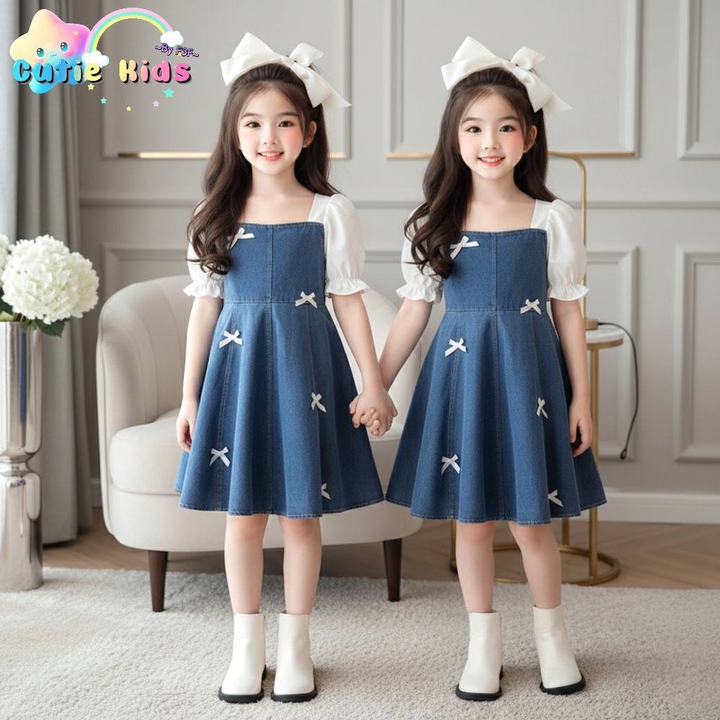 💗💗 ชุดเดรชสาวน้อย ยีนส์แขนตุ๊กตา คุณหนูคุณใจ แต่งโบว์ 3D น่ารักมาก🎀🍄🧁ผ้าใส่สบายๆ​ ใส่เที่ยว  ออกงานได้จร้า💗