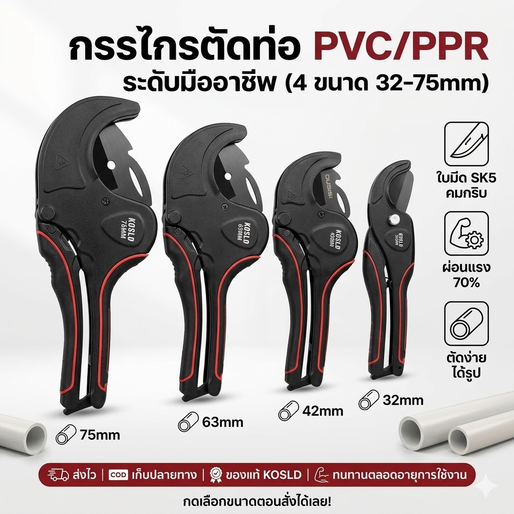 กรรไกรตัดท่อ PVC/PPR ใบมีด SK5 ผ่อนแรง ตัดง่าย คมจัด ประหยัดแรง