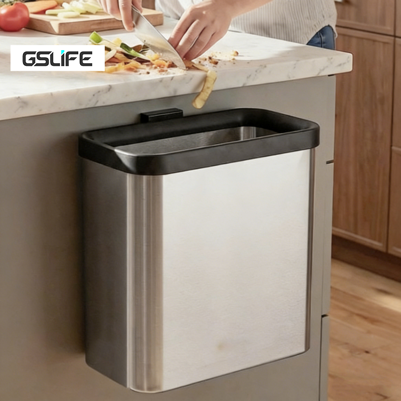 GSlife สแตนเลส ถังขยะแบบแขวนประตูตู้ 9ลิตร วัสดุทนทาน ฝามีแม่เหล็กสำหรับเก็บ กันกลิ่นดี ใช้ในหลายห้อ