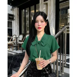 CHID_Jun99เสื้อแขนสั้นบ่าเลย คอโบว์หน้า ใส่ทำงานใส่ทางการ สาวออฟฟิศน่ารักอก32-44 ครบสีทุกโอกาส