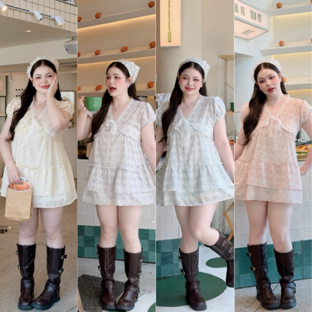 LD ชุดมินิเดรสคอวี แขนตุ๊กตาสุดน่ารัก แต่งลูกไม้ผูกคอ ชายระบาย ไซส์ใหญ่ สาวอวบ