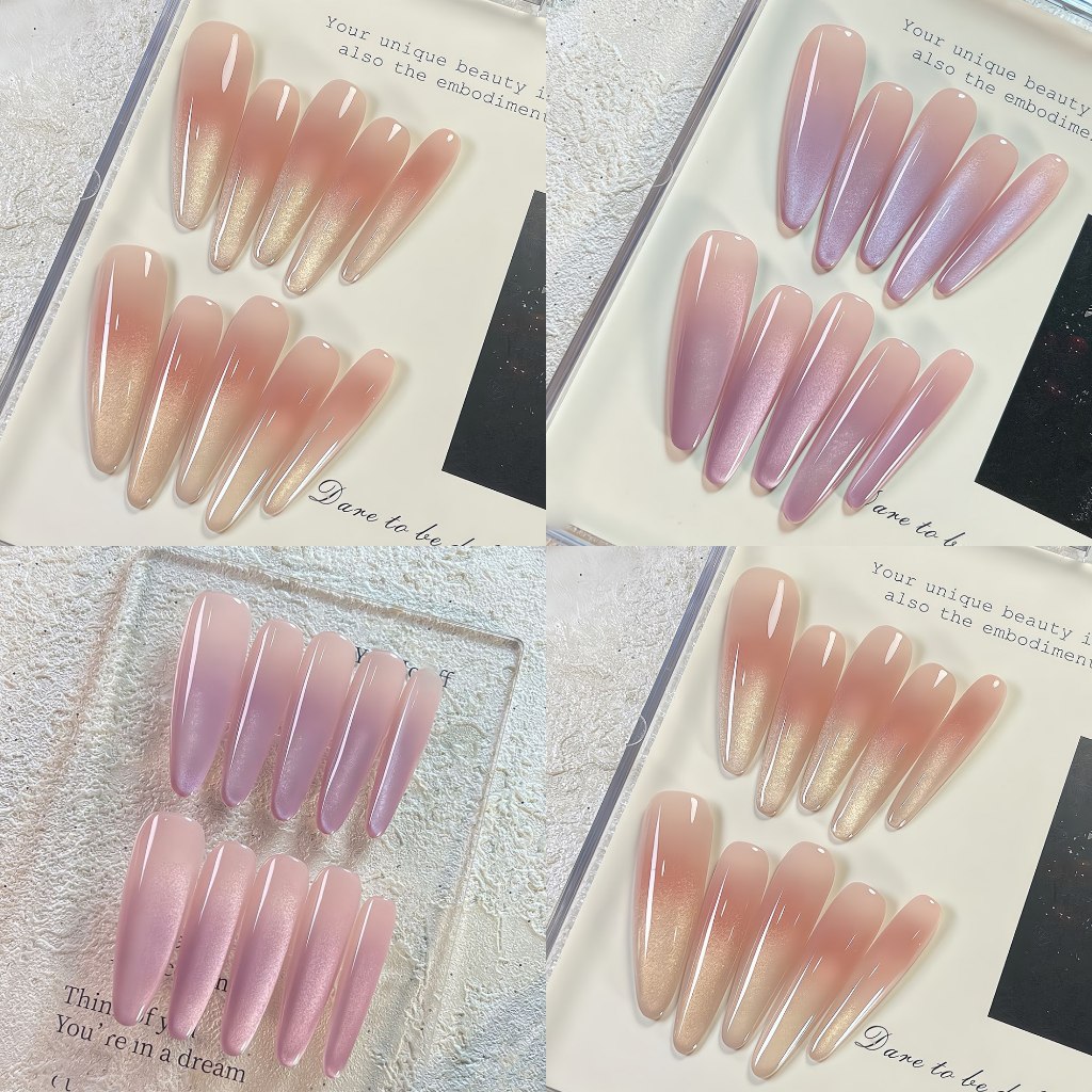 FN127 เล็บปลอมยาวพิเศษสีออมเบรลูกแก้ว ไซส์M+ฟรีเซตกาวติดเล็บ เล็บปลอมสีม่วง