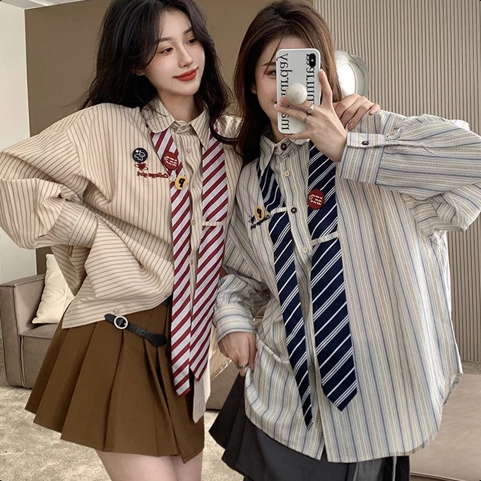 M-2XL เสื้อเชิ้ตแขนยาวลายสุภาพสตรี เสื้อแฟชั่นสไตล์เกาหลีหลวม ๆ