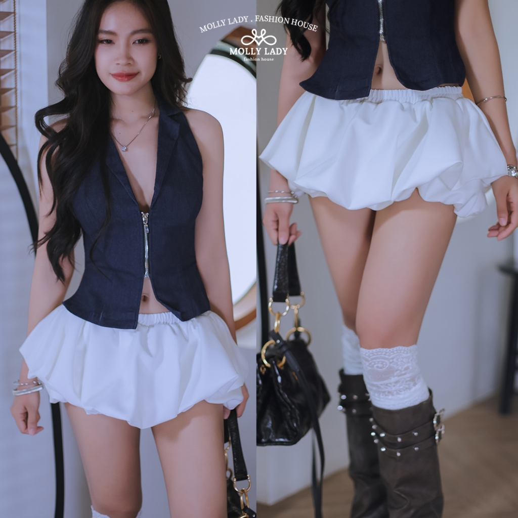 Molly Lady ❤️ Swan Cloud Double Volume Balloon Skirt : สวอนคลาวด์กระโปรงบอลลูน 2 ชั้น สั้นเอวต่ำ