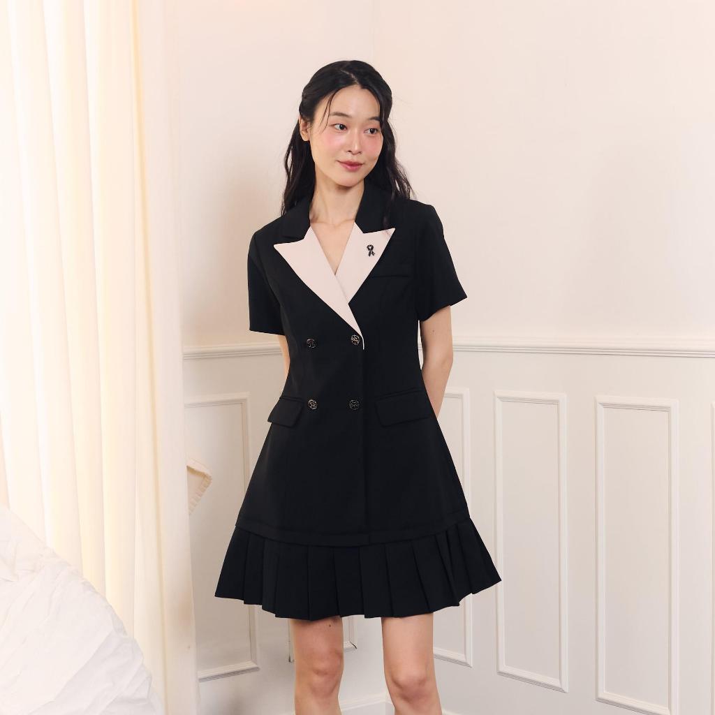 La Mignonne (XS-5XL) Vintage Bloom Dress เดรสใส่ทำงาน คอปก ทรงสูท ปลายกระโปรงจับจีบให้มาเรียบร้อย งานซิปหลังมีซับใน