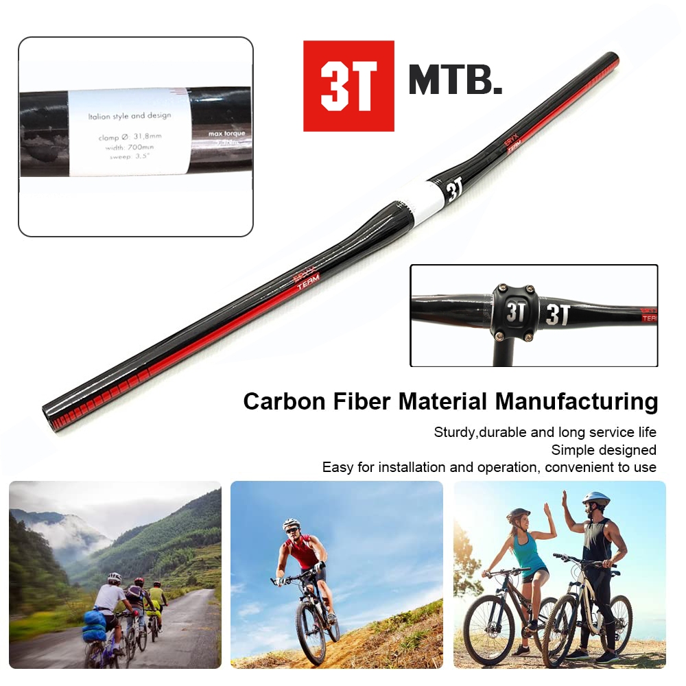 แฮนด์จักรยานเสือภูเขาคาร์บอนไฟเบอร์ 3T MTB ขนาด 31.8 มม.แบบตรงปีก 3.5° ผิวมันเงา3T MTB Carbon Fiber 