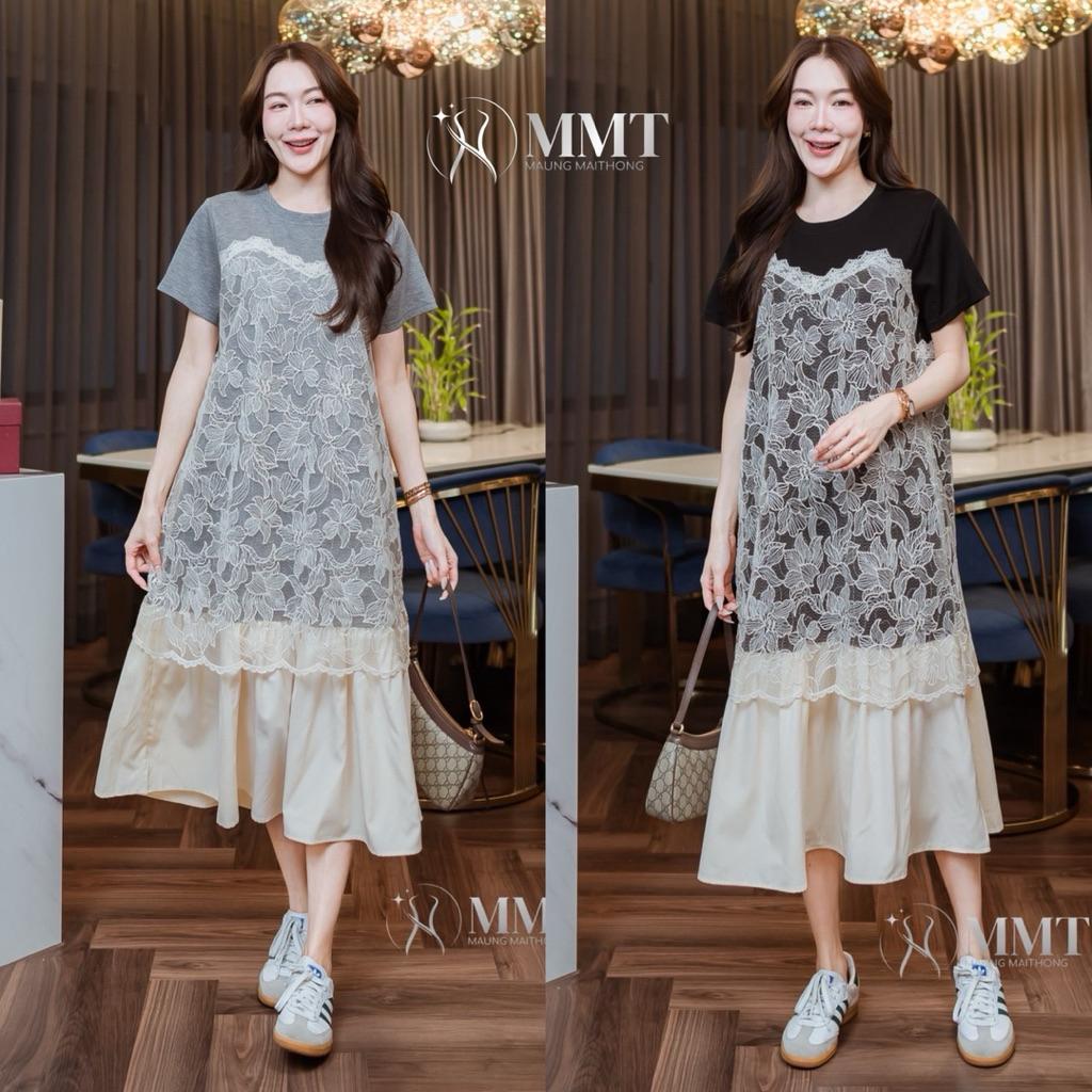 🌈🌿🌸🌼🌺🖤🩶🤍🇰🇷 Cotton Patch Lace Plain Bottom Maxi Dress