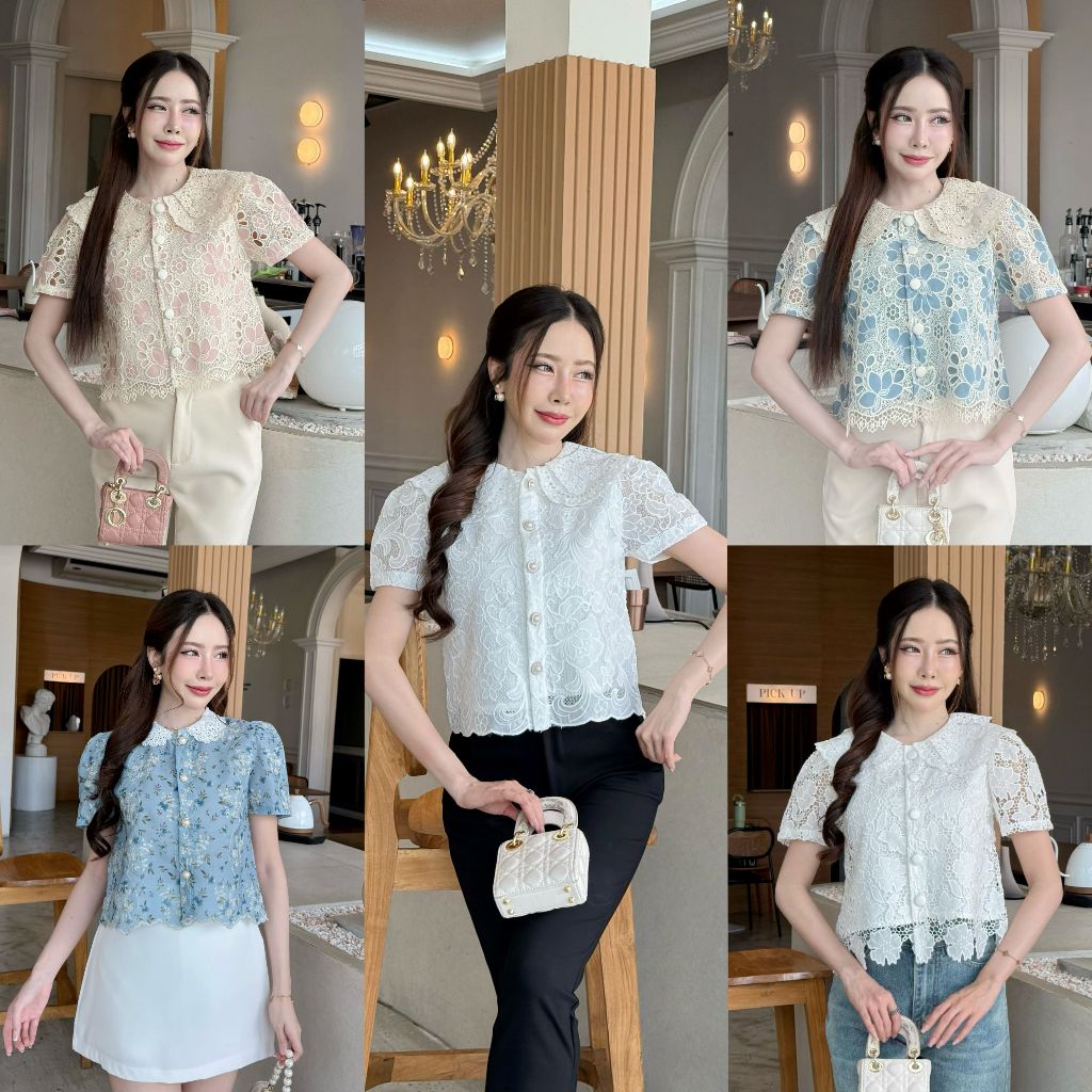 [S-4XL] เสื้อลูกไม้ตัวสั้นปกลูกไม้สองชั้นผ้าปักฉลุมีซับใน