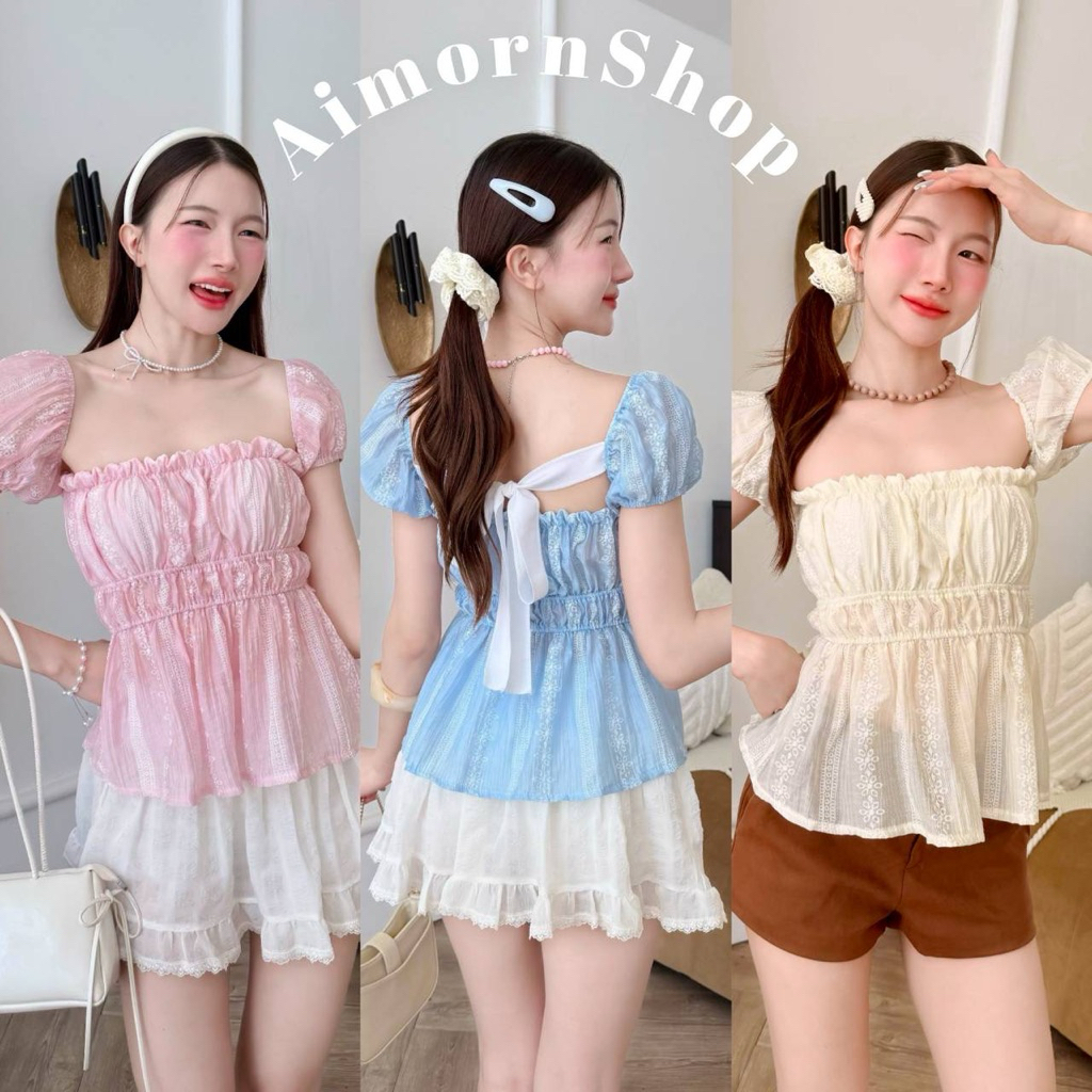 🔥aimorn_shop🔥เสื้อแขนตุ๊กตา ผ้าโรซี่ ผ้าบาง สม็อคช่วงอก ปลายระบายพองๆ ดีเทลเชือกลูกไม้