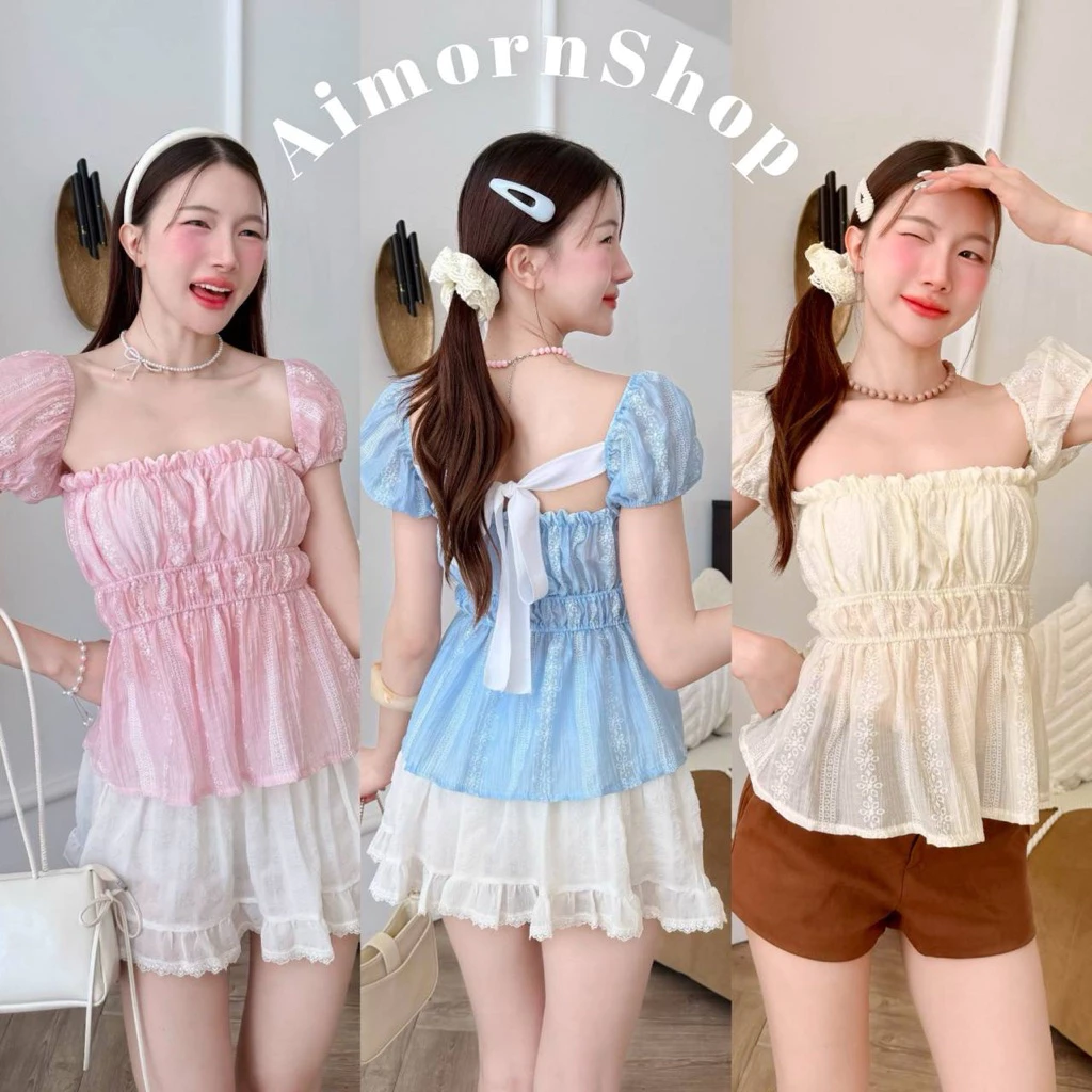 🔥aimorn_shop🔥เสื้อแขนตุ๊กตา ผ้าโรซี่ ผ้าบาง สม็อคช่วงอก ปลายระบายพองๆ ดีเทลเชือกลูกไม้