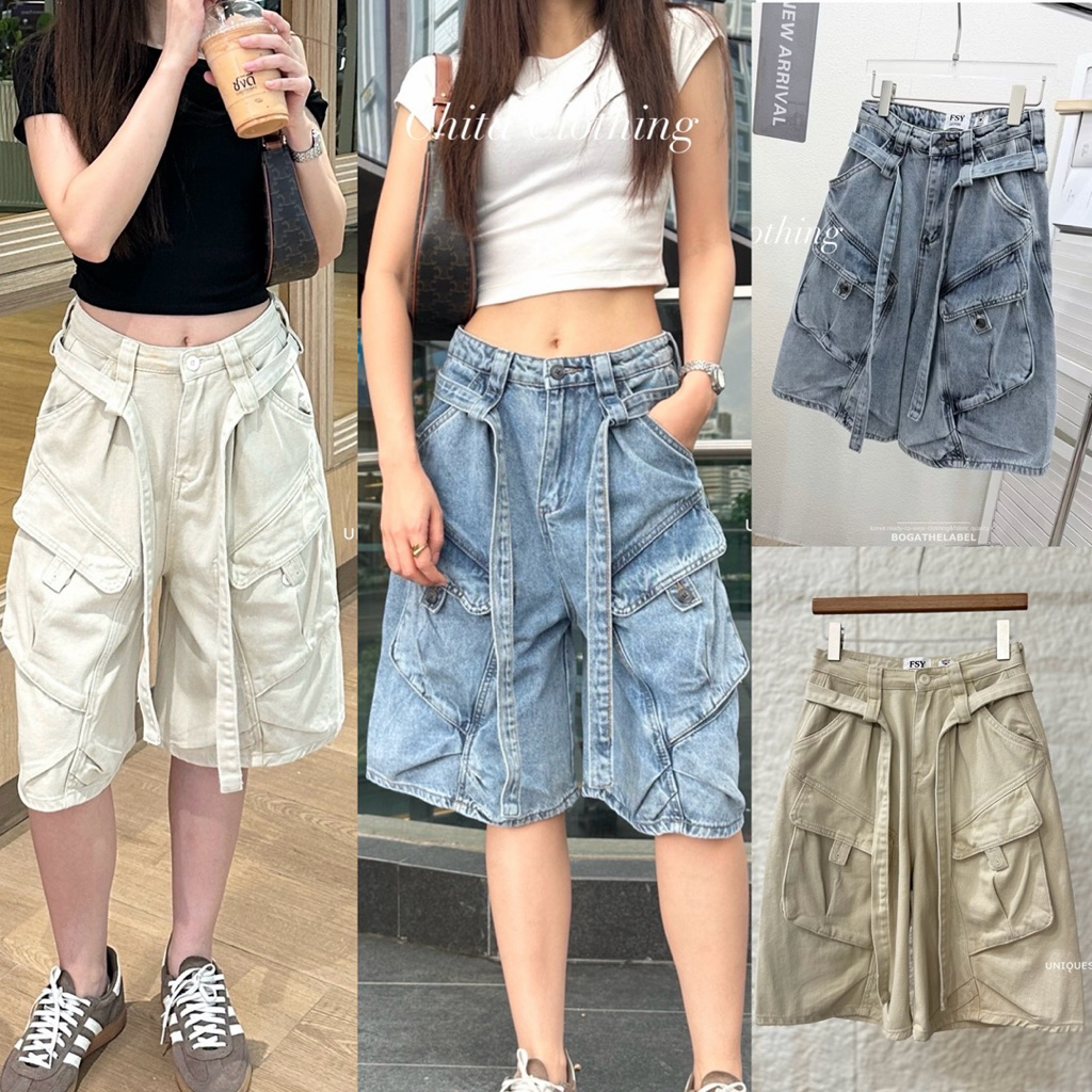 📍พร้อมส่ง📍🇰🇷FSY🇰🇷62005 Martin baggy shorts กางเกงเอวสูงทรงห้าส่วน ปิดเข่า แต่งกระเป๋าคาร์โก้ เนื้อผ้ายีนส์ฟอกสีเฟด