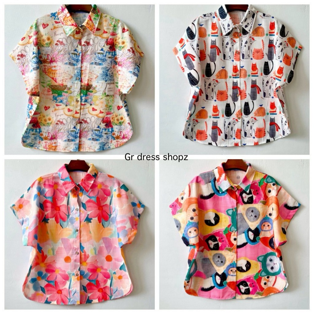 ป้าย NADEAR เสื้อเชิ้ตผ้าฝ้ายพิมพ์ลาย อก 44 นิ้ว ยาว 25 นิ้ว