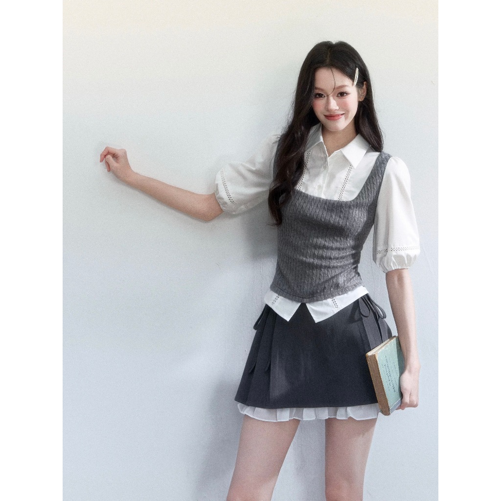 fragile heart - Two-Piece Color Block Shirt with Puff Sleeves and skirt
