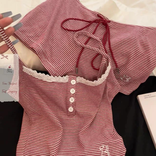 ชุดนอนเซ็ต 2 ชิ้น ลายทางสีแดง-ขาว สไตล์ Coquette แต่งลูกไม้สุดคิ้วท์✨ Pajama Set | Black Cherry