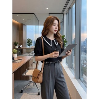 🇹🇭 เสื้อปกแหลมแต่งริบบิ้นตัดสี แขนตุ๊กตา 🔴ส่งไว🔴⚡ 👉เก็บโค้ดห…