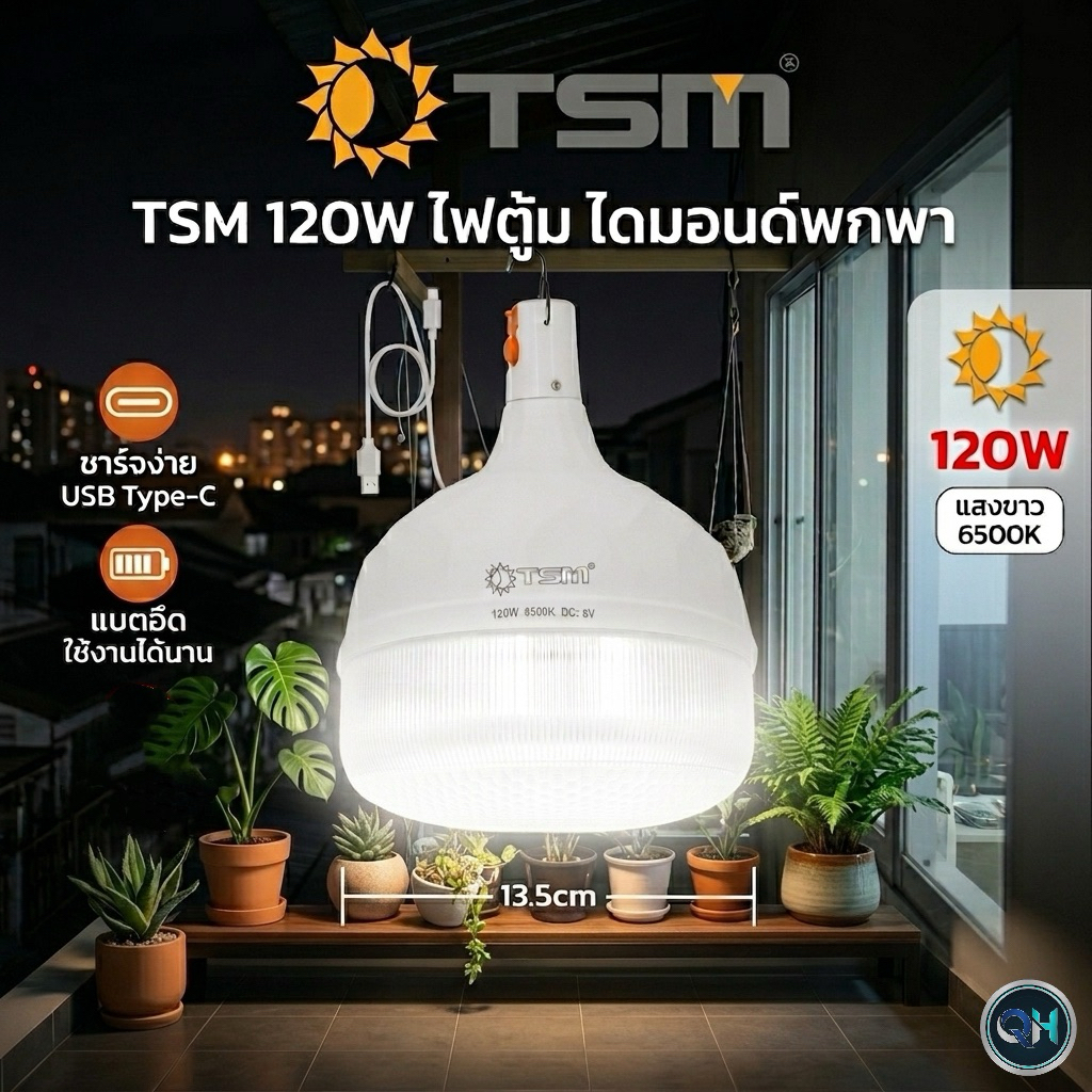 หลอดไฟพกพา TSM หลอดไฟตุ้ม หลอดไฟฉุกเฉิน LED 120W ปรับได้ 3 โหมด หลอดไฟ ชาร์จไฟได้ รุ่น TSM-0120