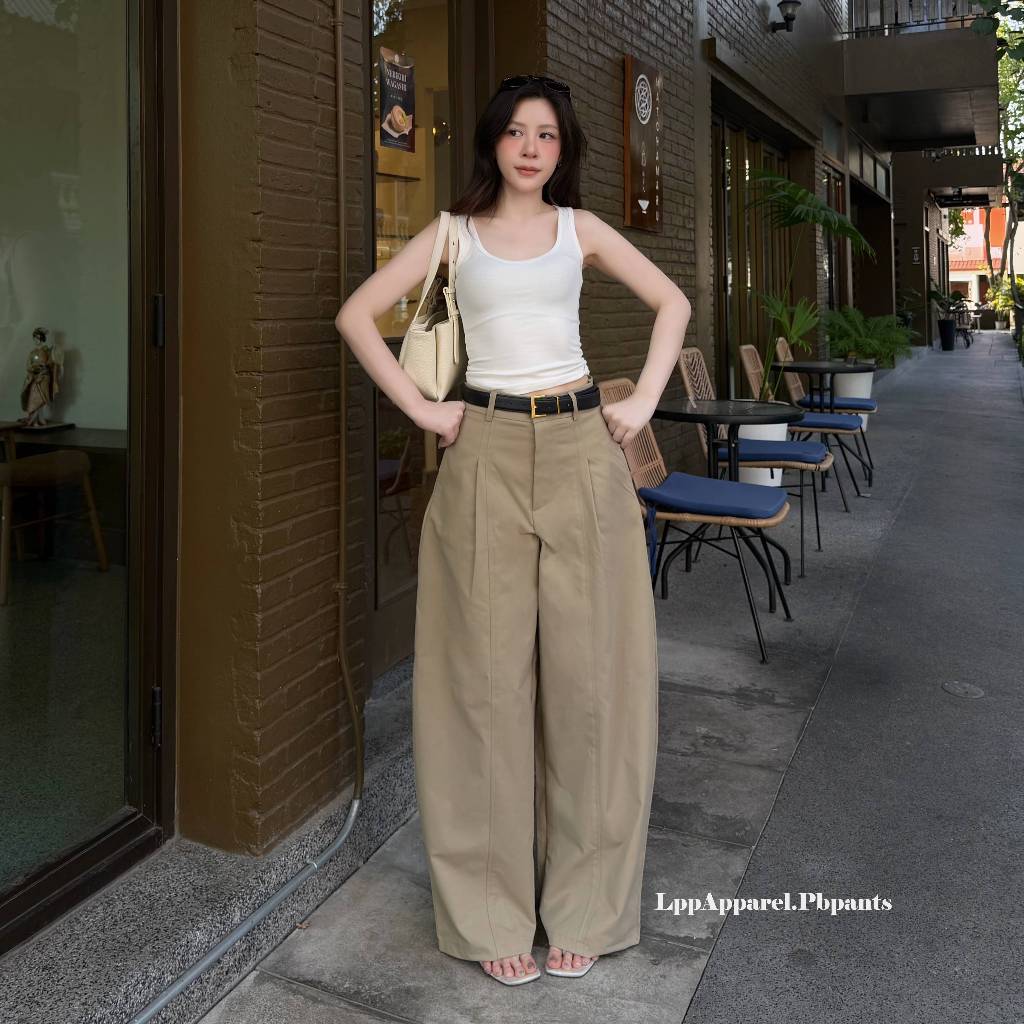 กางเกงขาบานทรงบาเรล ตะขอหน้าผู้หญิง เอวสูง