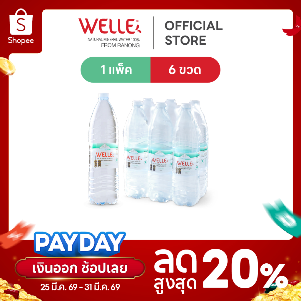 New (6 ขวด) Welle Mineral Water น้ำแร่เวลล์เล่ 1500 มิลลิลิตร 1 แพค จากแหล่งน้ำแร่ระนอง