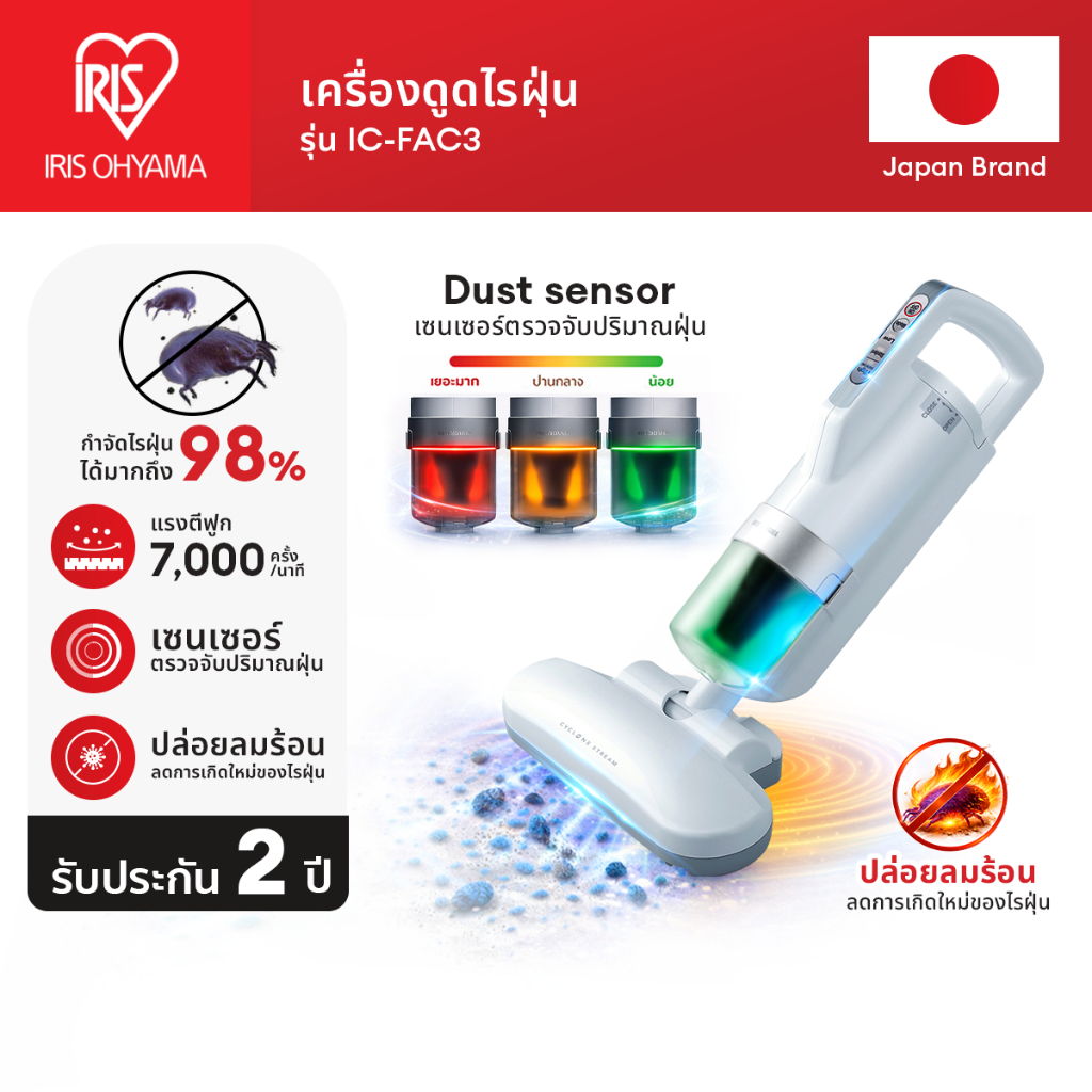 [2 Years Warranty] IRIS OHYAMA ไอริส โอยามะ เครื่องดูดไรฝุ่น กำจัดไรฝุ่น ที่นอน เบาะผ้า ผ้านวม รุ่น IC-FAC3 หัวดูดใหญ่