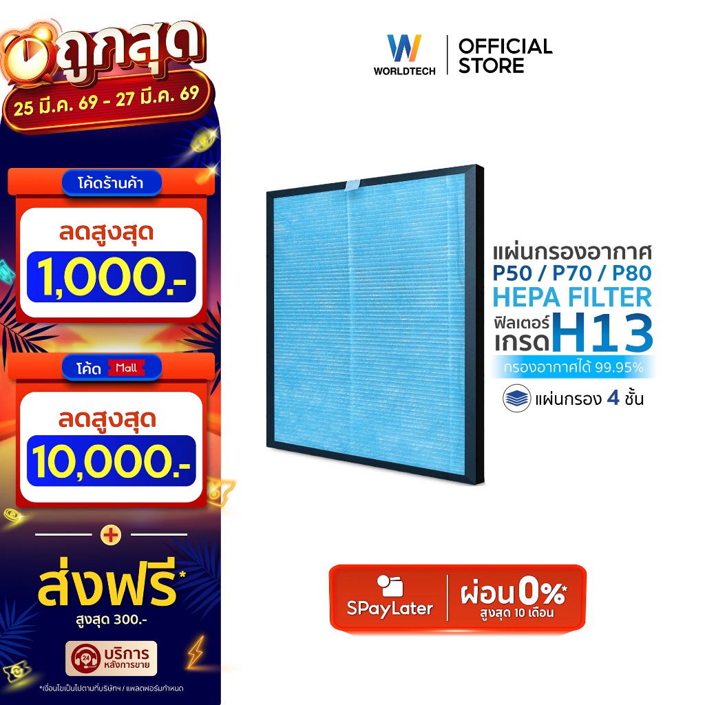Worldtech ไส้กรอง HEPA13 สำหรับเครื่องฟอกอากาศ รุ่น P50, P70, P80