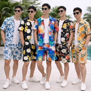 ชุดเสื้อเชิ้ตฮาวายคอปกแขนสั้นกระดุมหน้า+กางเกงขาสั้นเอวยางยื…