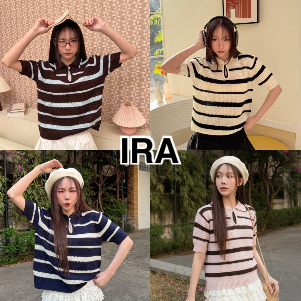 BY IRA Beatrice Top เสื้อไหมพรม แขนสั้น แต่งกระดุม ลายทาง