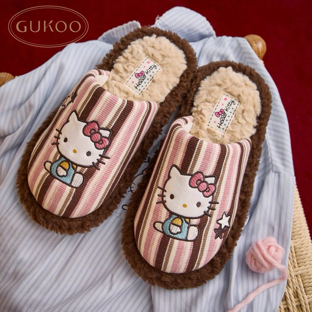 ⚡️พรีออเดอร์⚡️ Gukoo x Hello Kitty Slippers รองเท้าสลิปเปอร์ ลายทางคิตตี้ ขนนุ่ม ใส่สบาย ลิขสิทธิ์แท